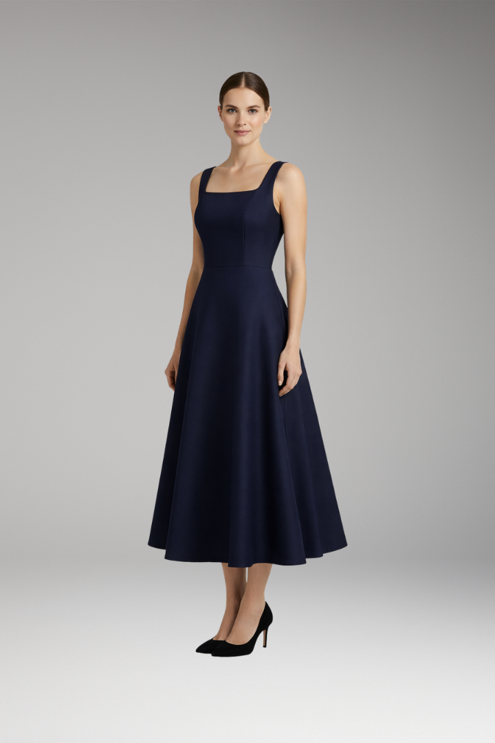 Women's Elegant Dress with Straps and Dark Blue Color