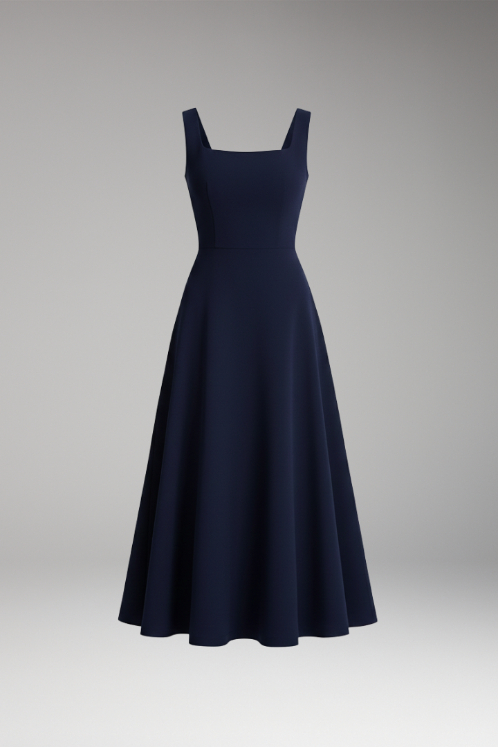 Women's Elegant Dress with Straps and Dark Blue Color