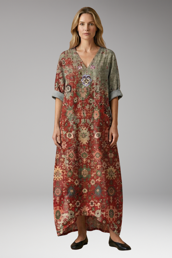Women's Elegant Maxi Dress with Relaxed Fit and Subtle Embroidery
