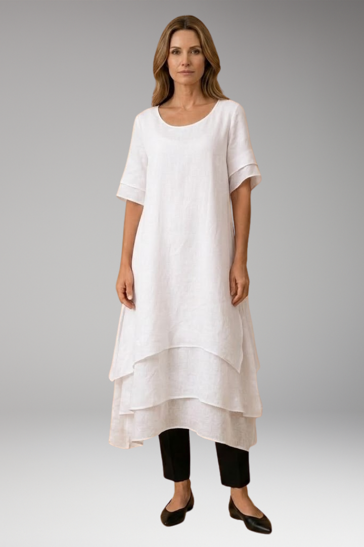 Women's Elegant Midi Dress with Open Neckline and Fluid Cut