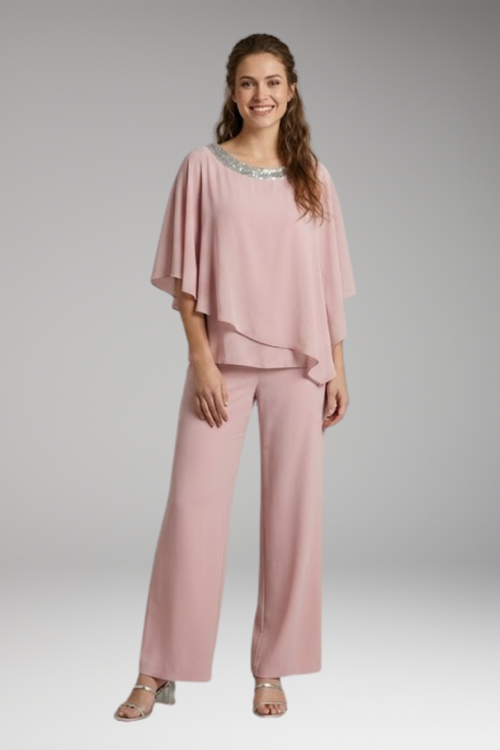 Women's Elegant Set with Embellished Blouse and Wide-Leg Pants