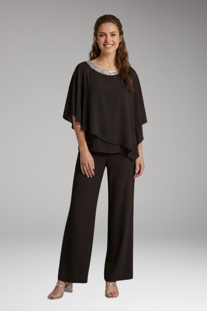 Women's Elegant Set with Embellished Blouse and Wide-Leg Pants