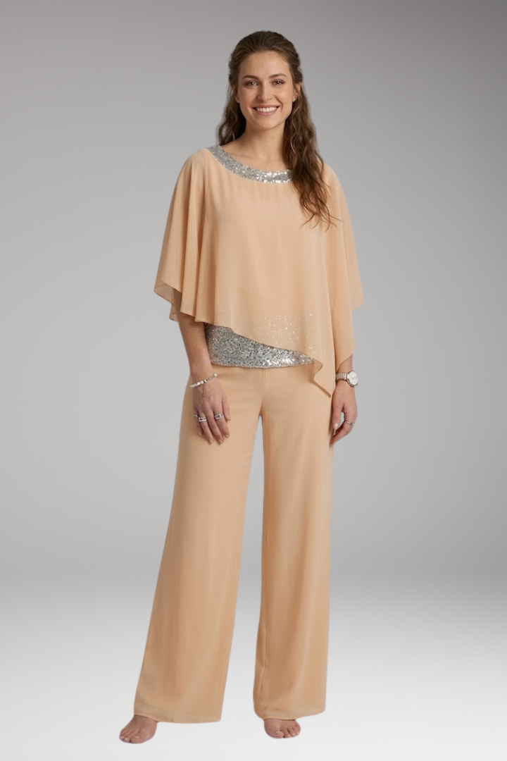 Women's Elegant Set with Embellished Blouse and Wide-Leg Pants