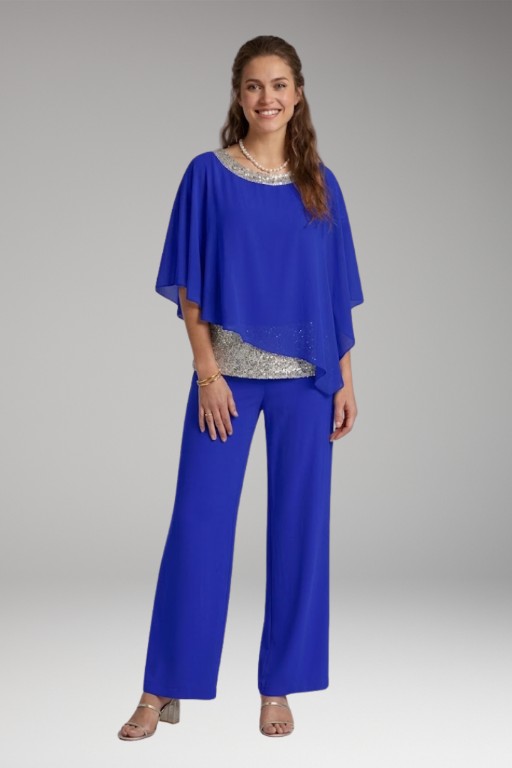 Women's Elegant Set with Embellished Blouse and Wide-Leg Pants