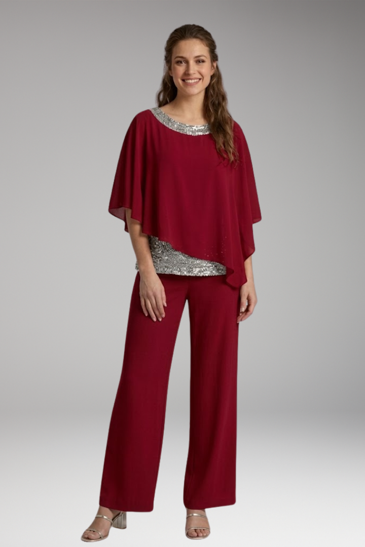 Women's Elegant Set with Embellished Blouse and Wide-Leg Pants