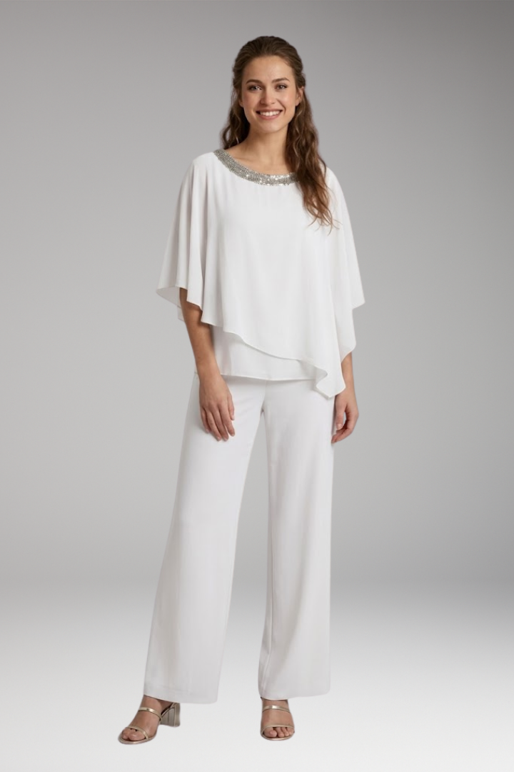 Women's Elegant Set with Embellished Blouse and Wide-Leg Pants