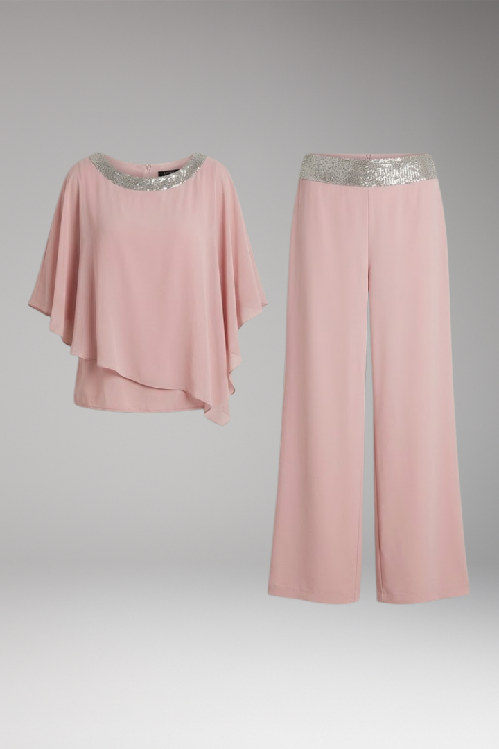 Women's Elegant Set with Embellished Blouse and Wide-Leg Pants