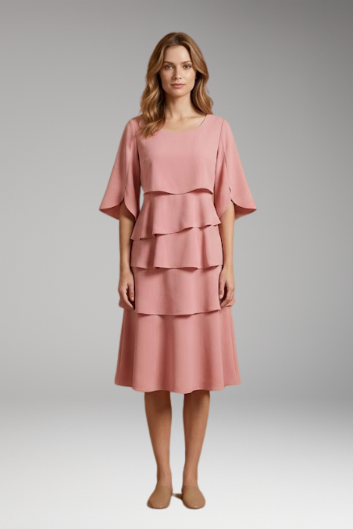 Women's Elegant Split-Sleeve Midi Dress with Ruffle Details and A-Line Silhouette