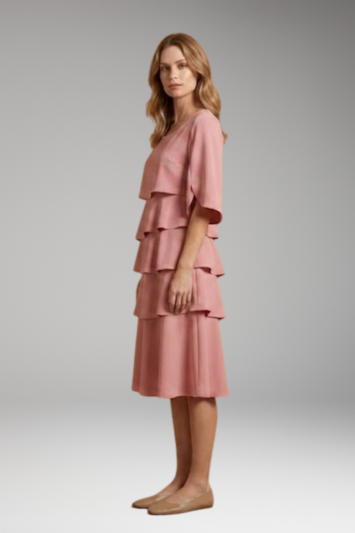 Women's Elegant Split-Sleeve Midi Dress with Ruffle Details and A-Line Silhouette