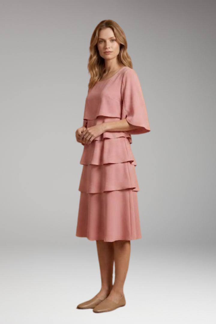 Women's Elegant Split-Sleeve Midi Dress with Ruffle Details and A-Line Silhouette