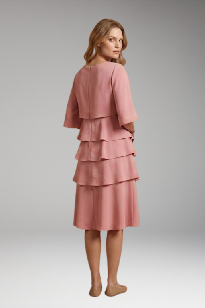 Women's Elegant Split-Sleeve Midi Dress with Ruffle Details and A-Line Silhouette
