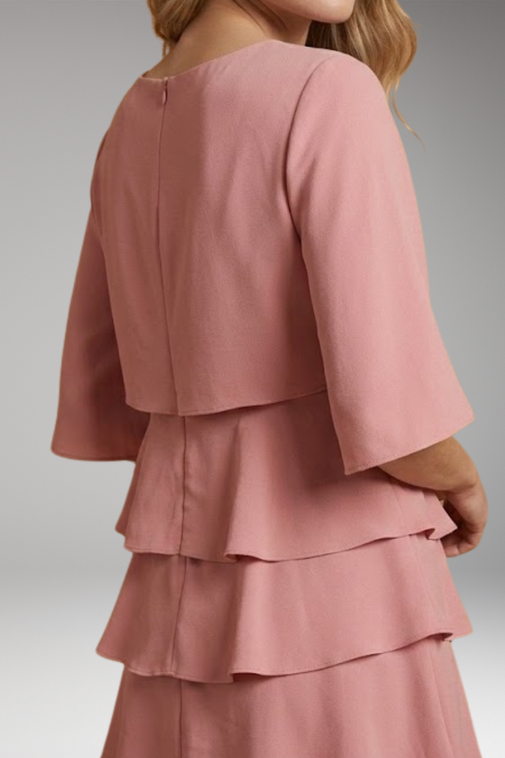 Women's Elegant Split-Sleeve Midi Dress with Ruffle Details and A-Line Silhouette
