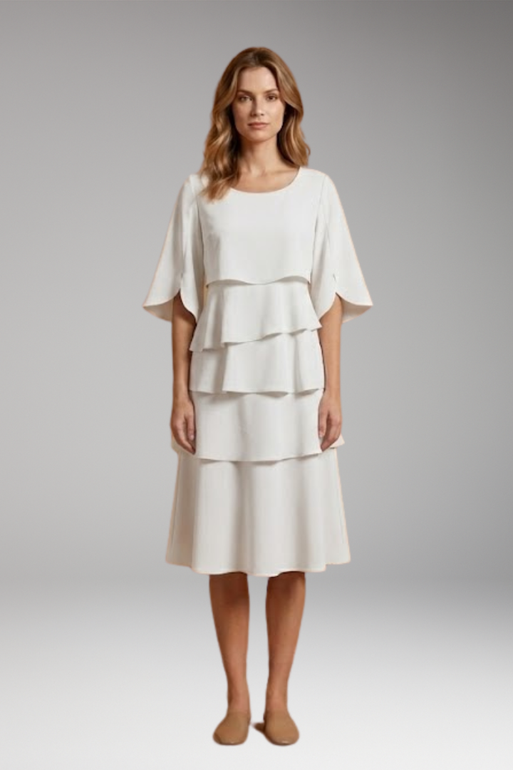 Women's Elegant Split-Sleeve Midi Dress with Ruffle Details and A-Line Silhouette