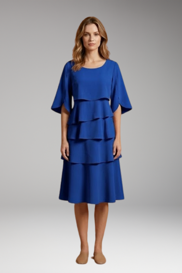Women's Elegant Split-Sleeve Midi Dress with Ruffle Details and A-Line Silhouette