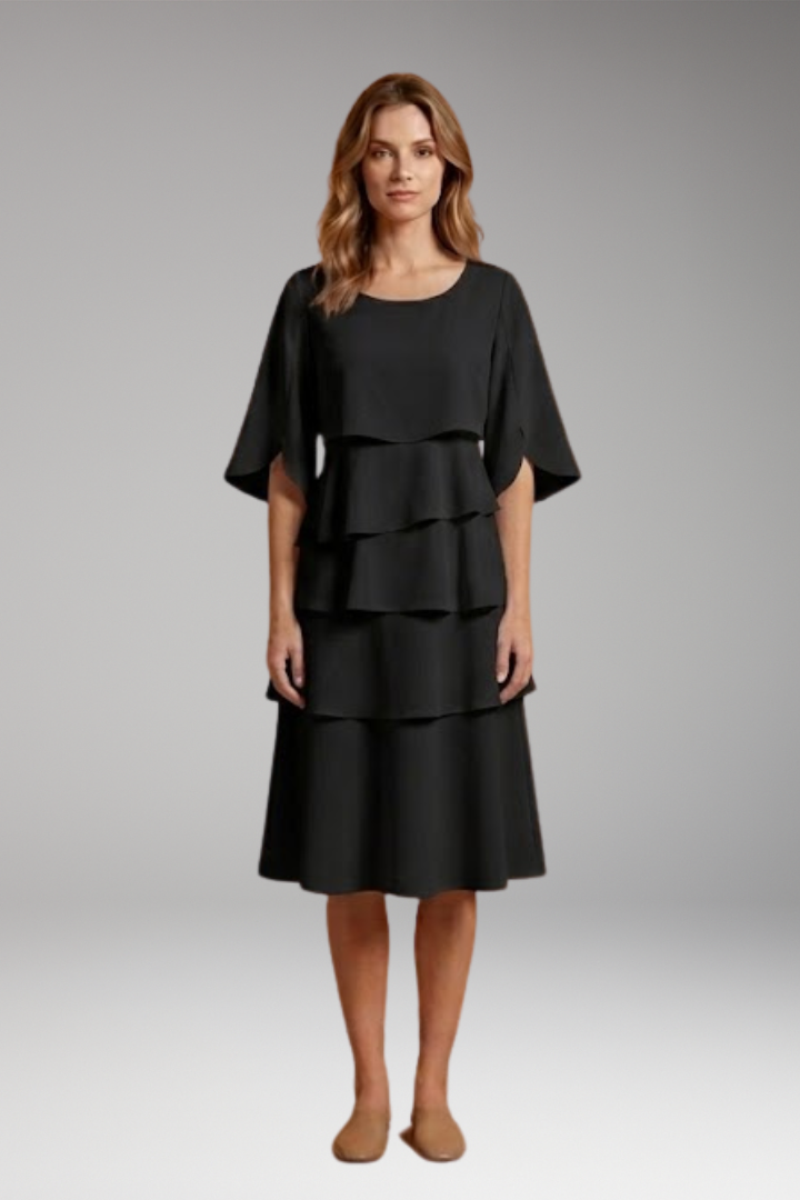 Women's Elegant Split-Sleeve Midi Dress with Ruffle Details and A-Line Silhouette