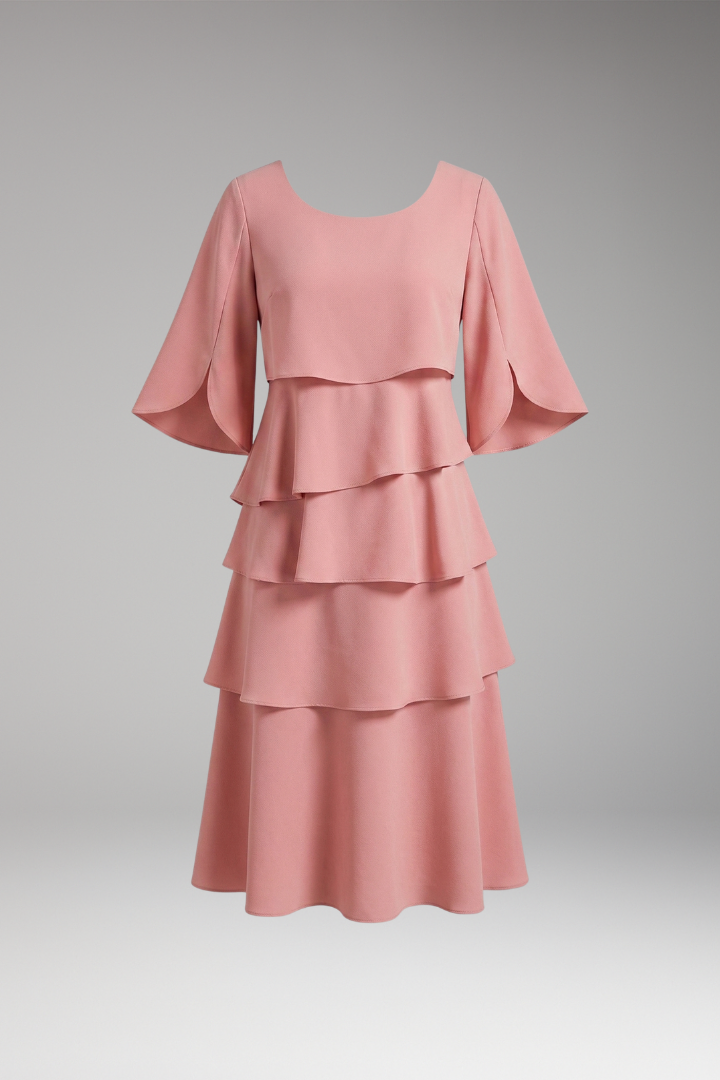 Women's Elegant Split-Sleeve Midi Dress with Ruffle Details and A-Line Silhouette