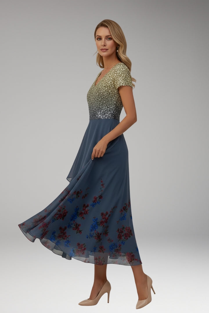 Women's Evening Dress with Shiny Top and Vibrant Flowers