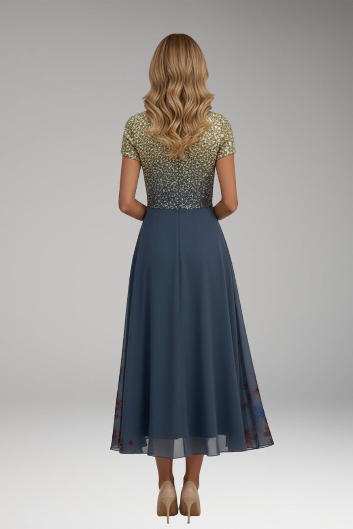 Women's Evening Dress with Shiny Top and Vibrant Flowers