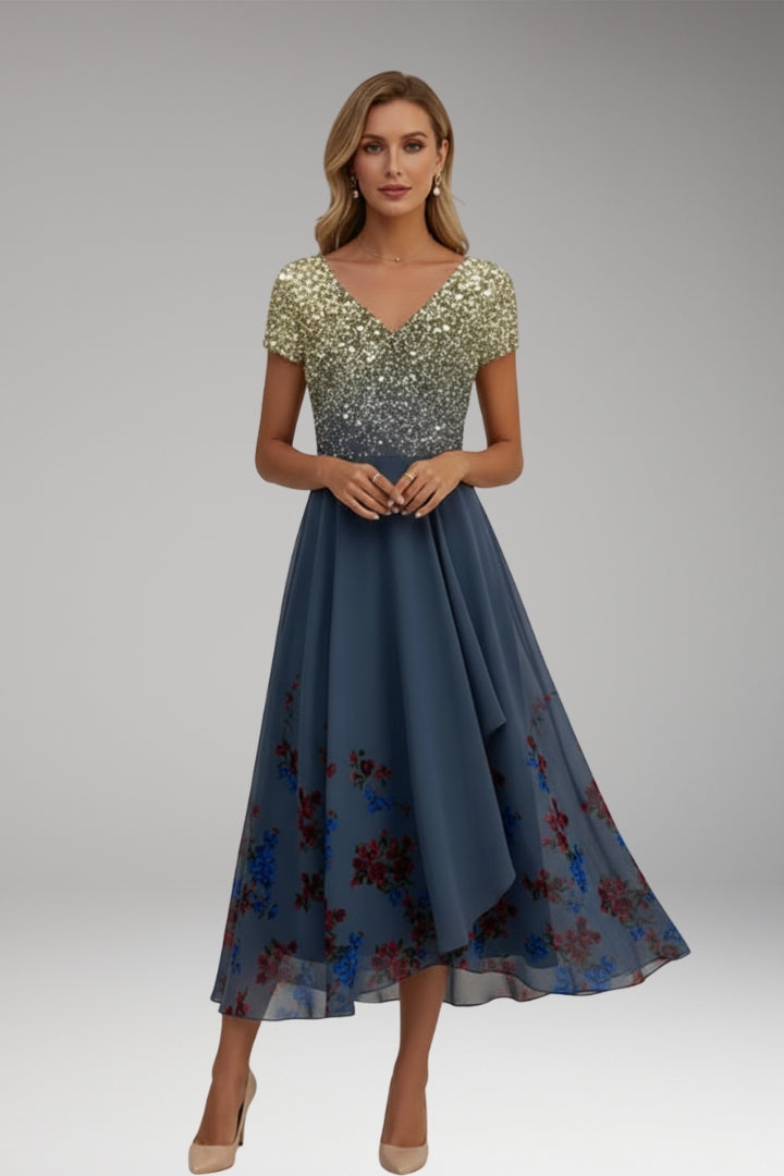 Women's Evening Dress with Shiny Top and Vibrant Flowers