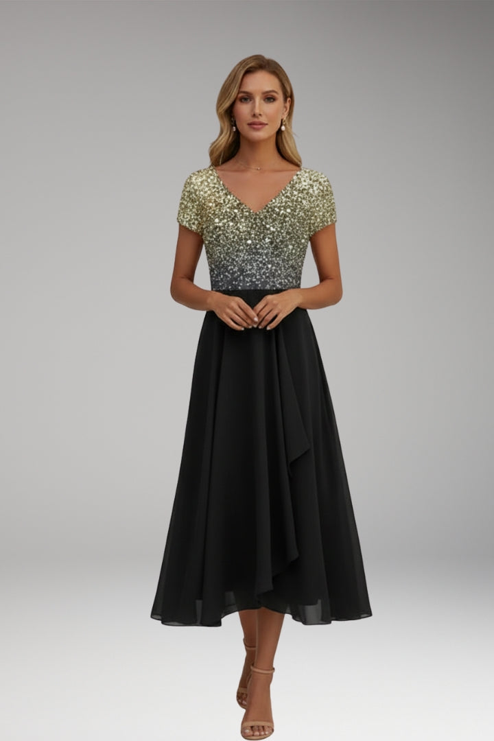 Women's Evening Dress with Shiny Top and Vibrant Flowers