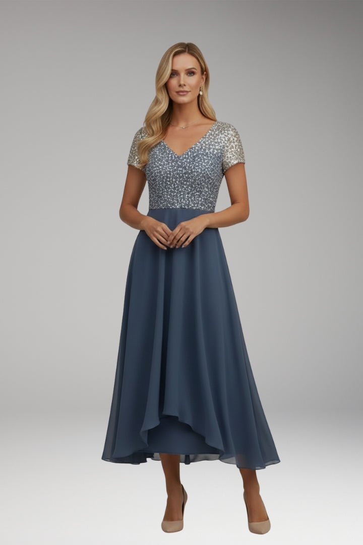 Women's Evening Dress with Shiny Top and Vibrant Flowers
