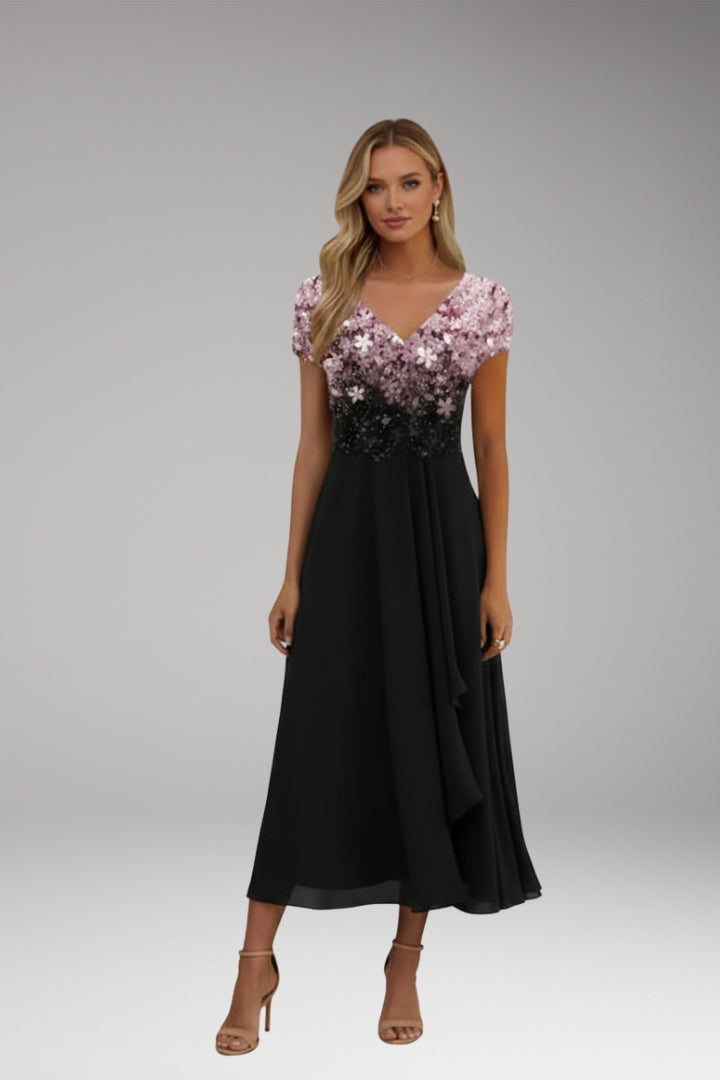 Women's Evening Dress with Shiny Top and Vibrant Flowers
