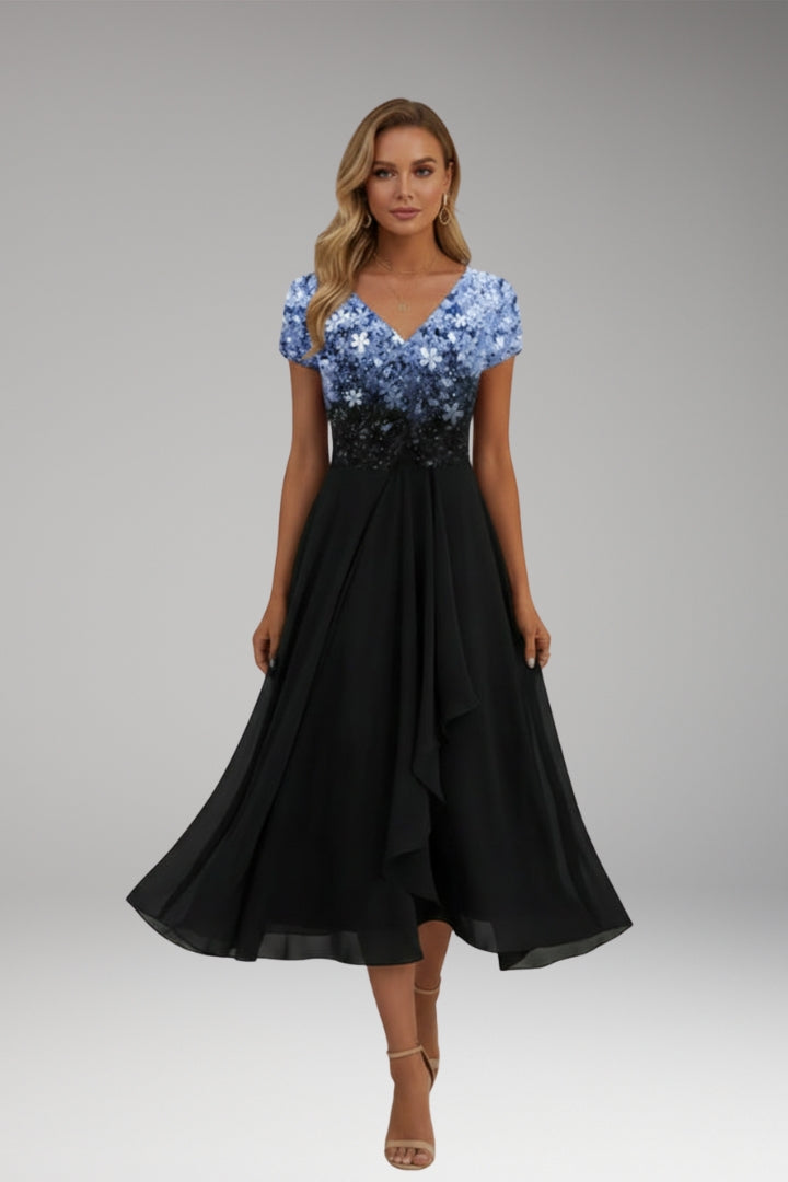 Women's Evening Dress with Shiny Top and Vibrant Flowers