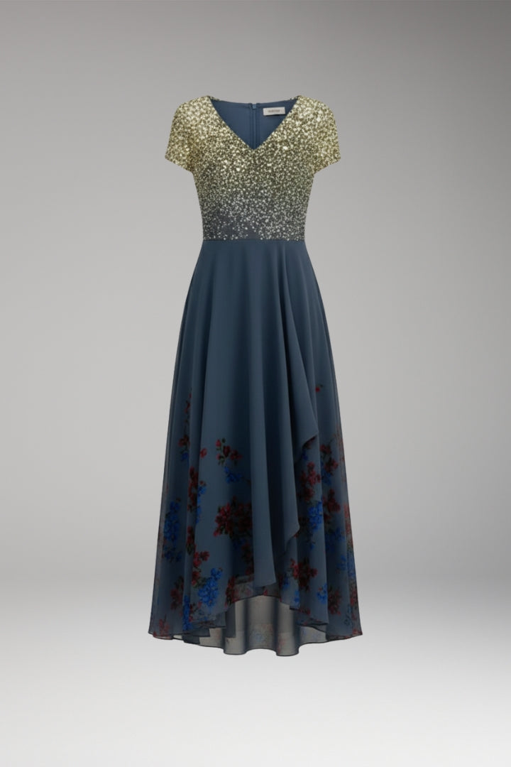Women's Evening Dress with Shiny Top and Vibrant Flowers