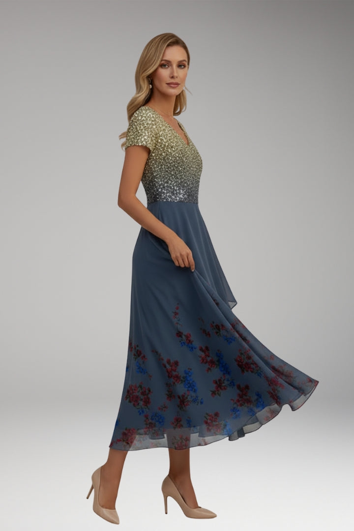 Women's Evening Dress with Shiny Top and Vibrant Flowers