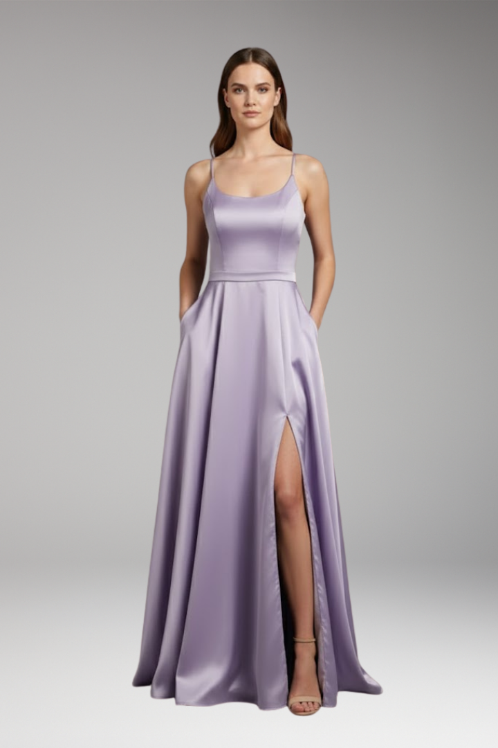 Women's Evening Dress with U-Neck and Spaghetti Straps