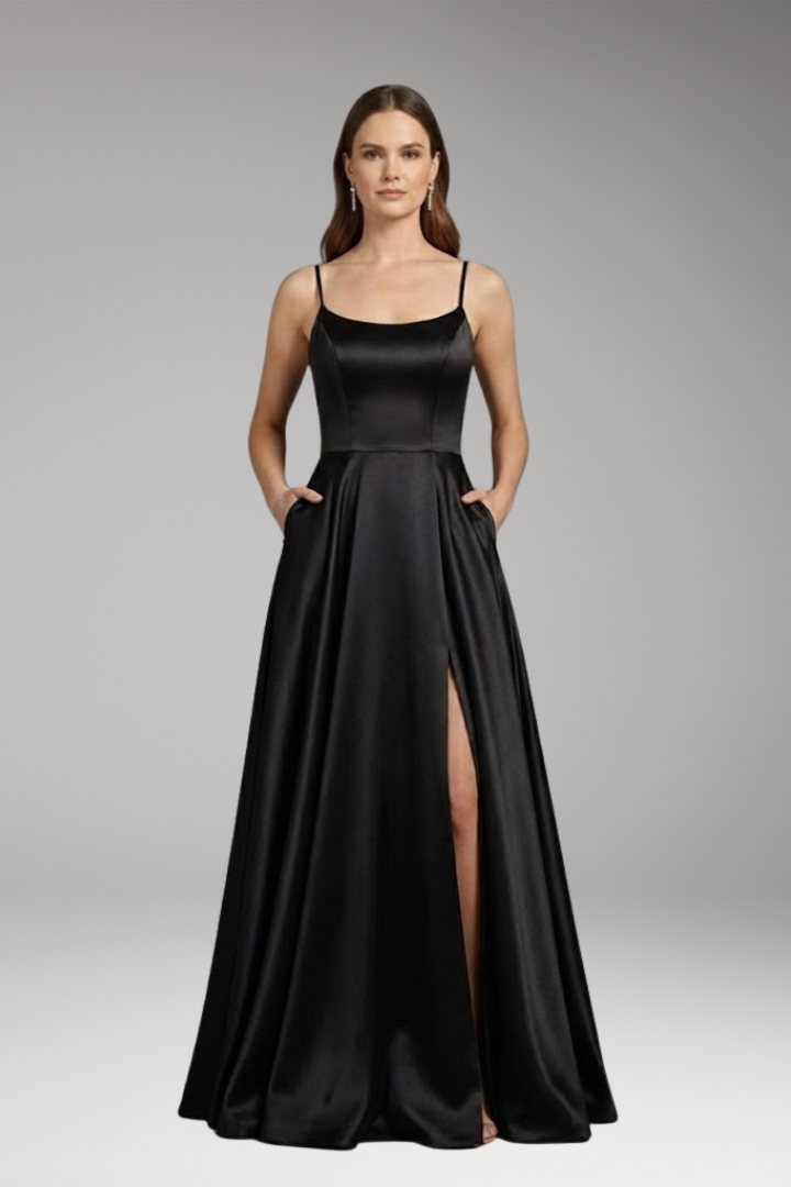 Women's Evening Dress with U-Neck and Spaghetti Straps