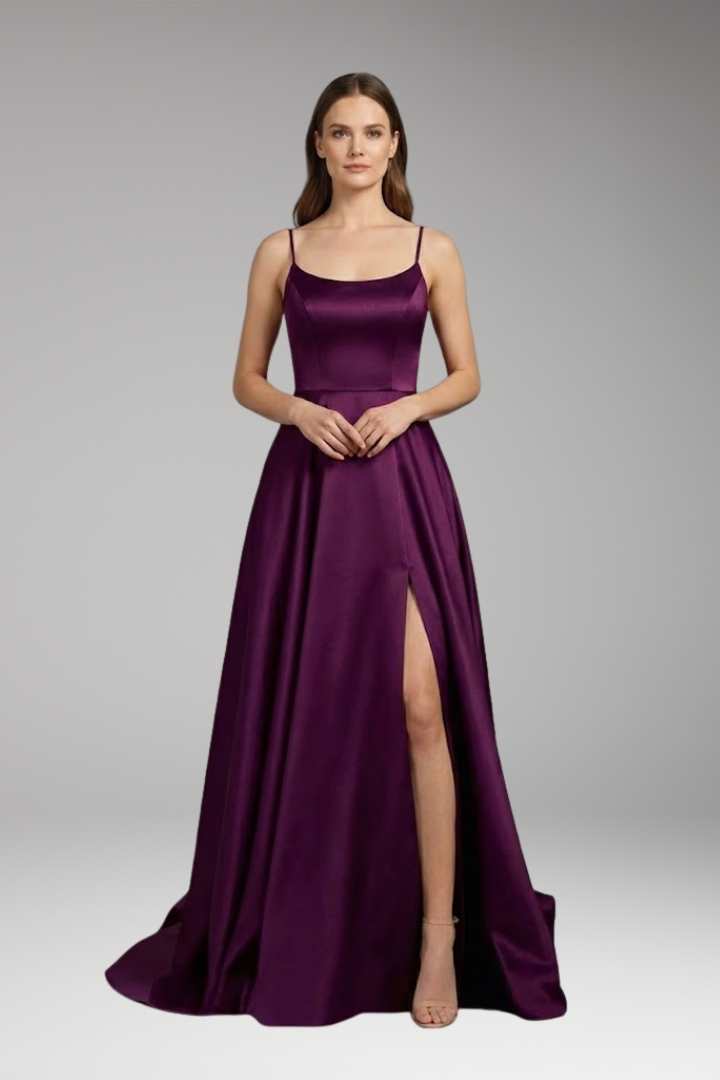Women's Evening Dress with U-Neck and Spaghetti Straps