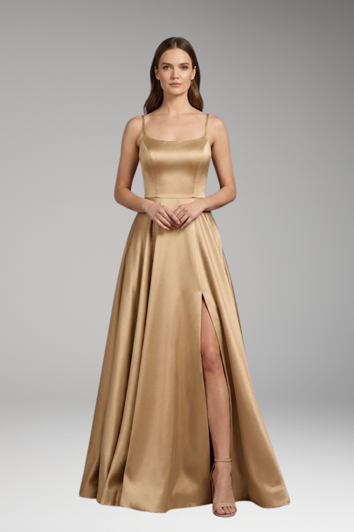 Women's Evening Dress with U-Neck and Spaghetti Straps