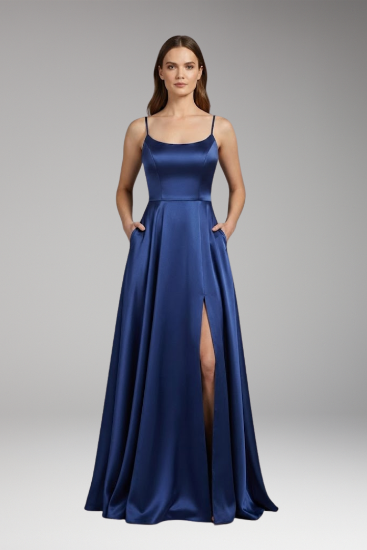 Women's Evening Dress with U-Neck and Spaghetti Straps