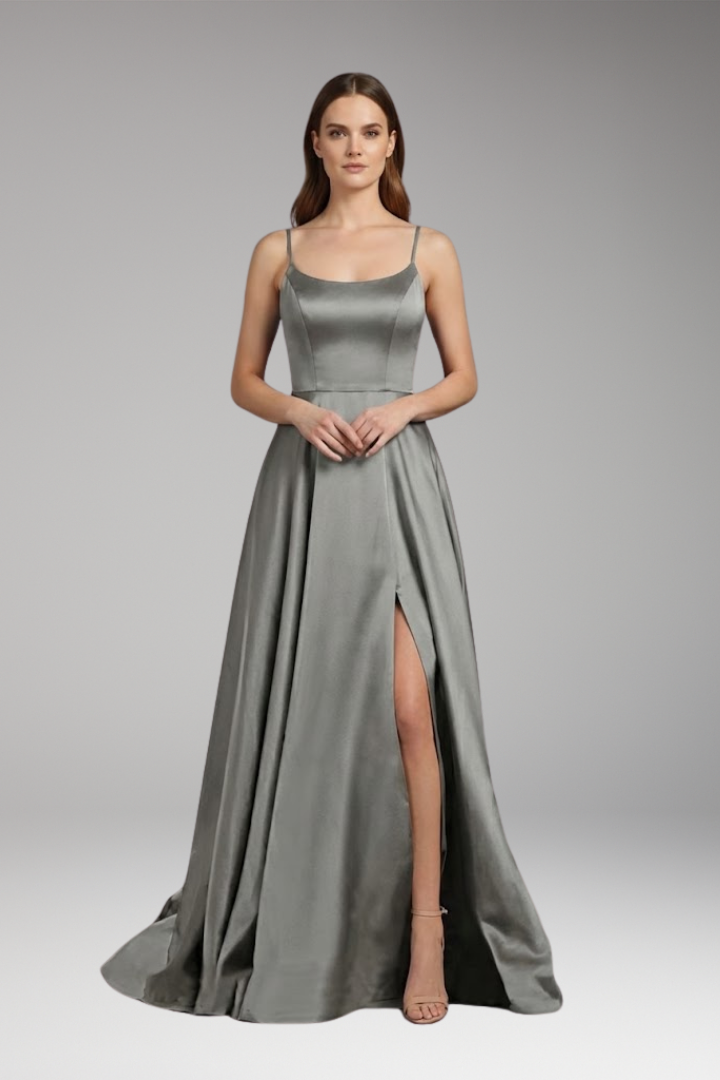 Women's Evening Dress with U-Neck and Spaghetti Straps