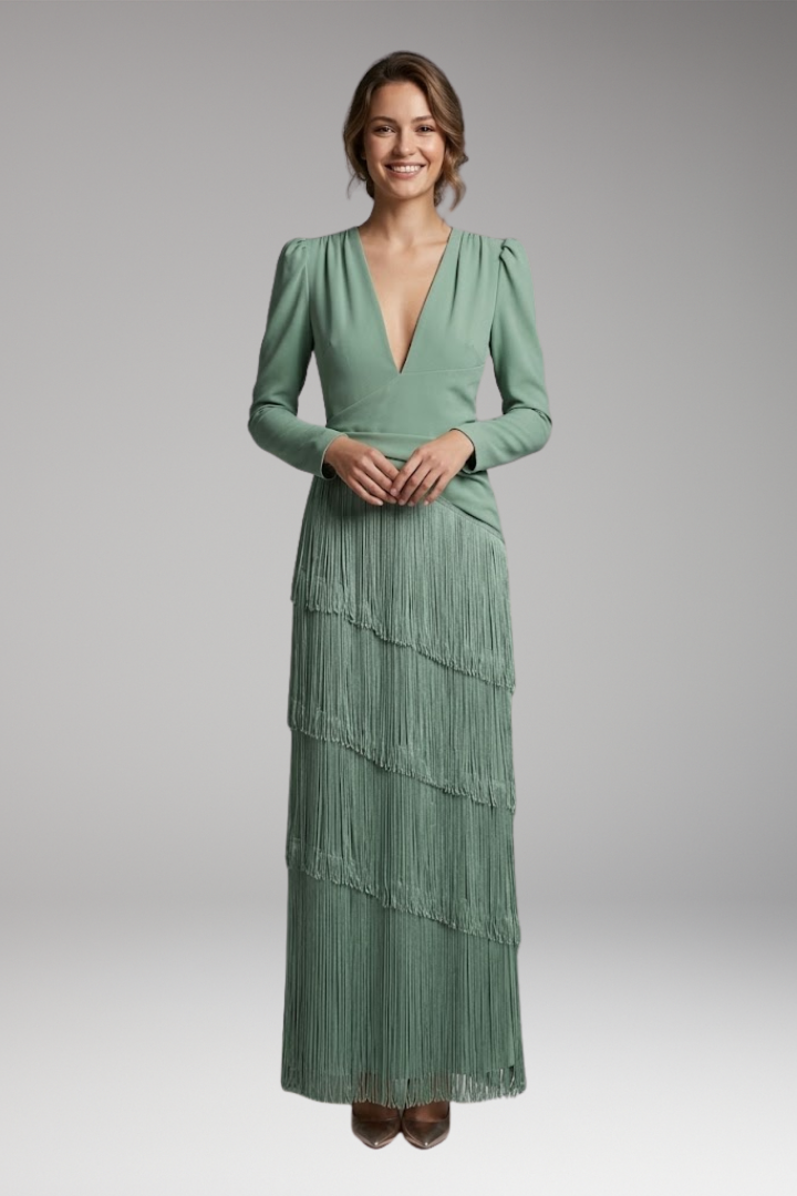 Women's Evening Dress with V-Neck and Tassel Decoration