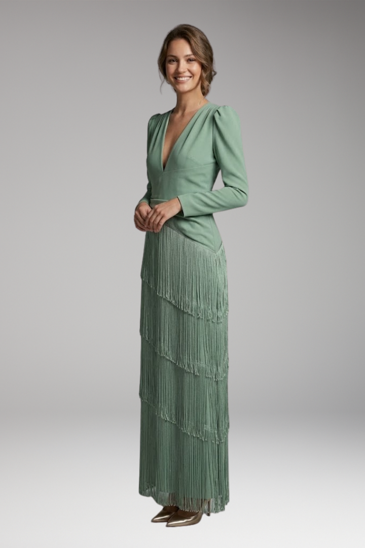 Women's Evening Dress with V-Neck and Tassel Decoration