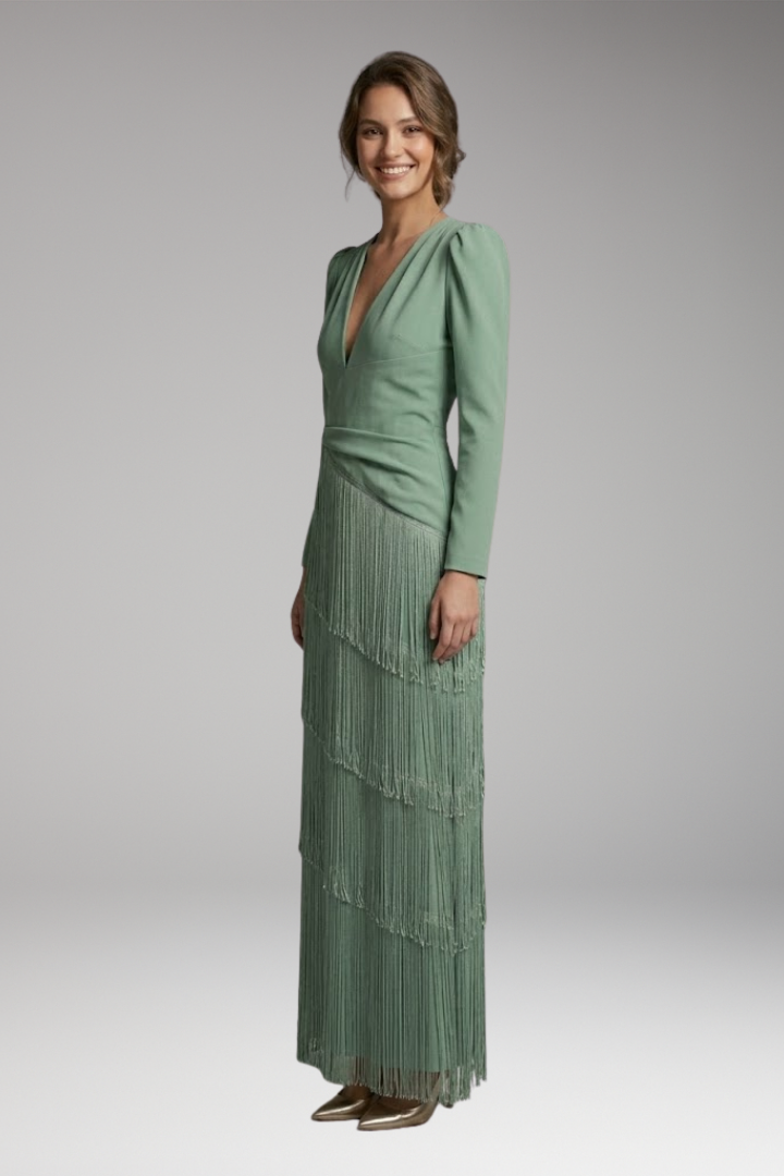 Women's Evening Dress with V-Neck and Tassel Decoration