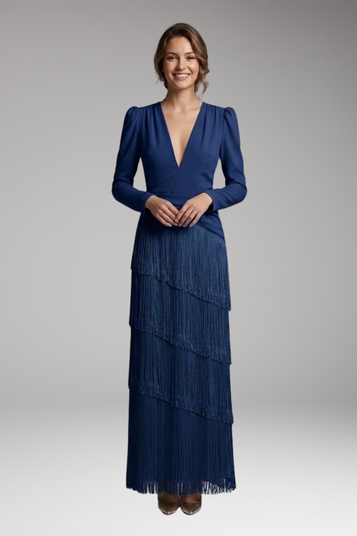 Women's Evening Dress with V-Neck and Tassel Decoration