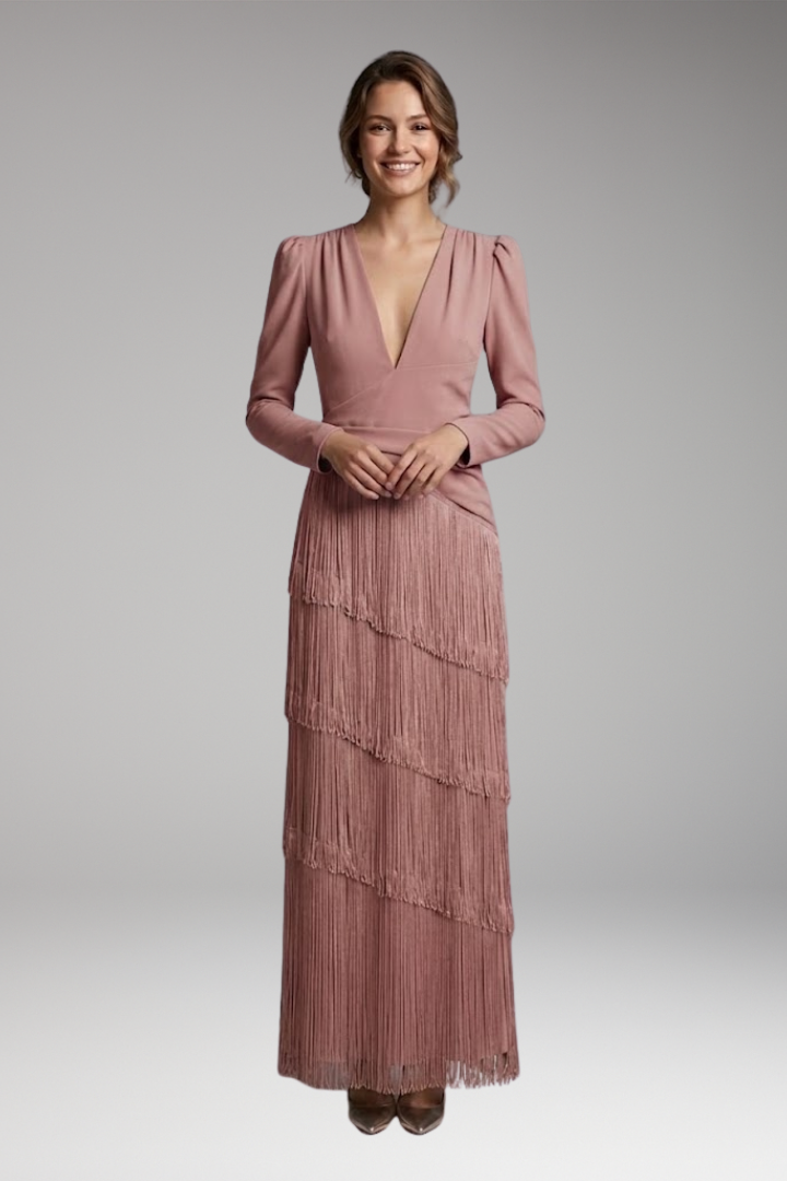 Women's Evening Dress with V-Neck and Tassel Decoration