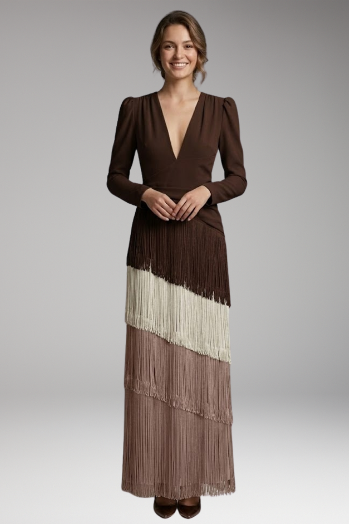 Women's Evening Dress with V-Neck and Tassel Decoration
