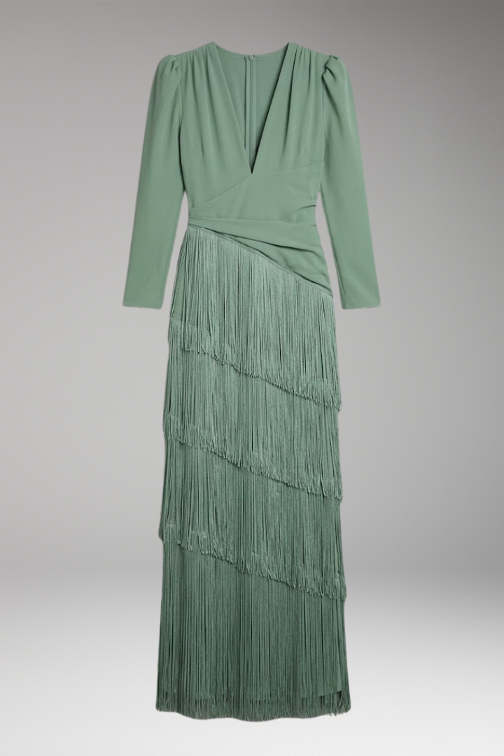 Women's Evening Dress with V-Neck and Tassel Decoration