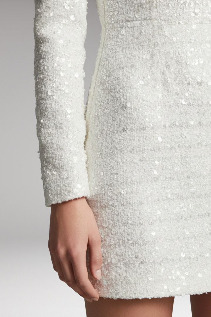 Women's Flared Short Dress with Sequin Embellishments and Round Neckline