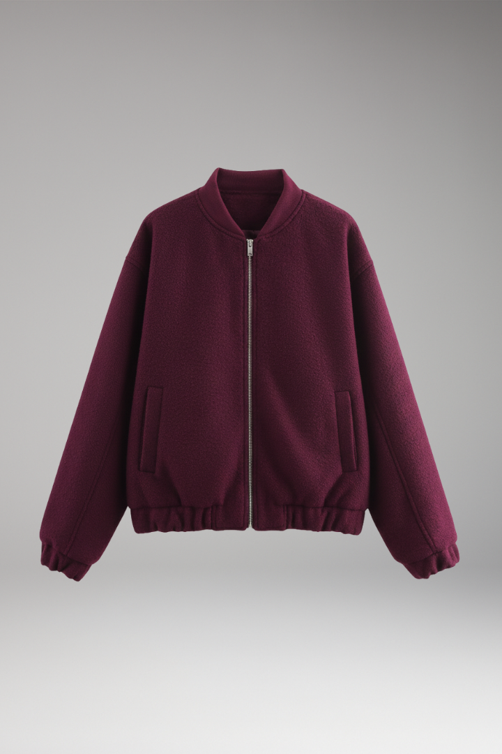 Women's Fleece Bomber Jacket with Elastic Cuffs and Side Pockets