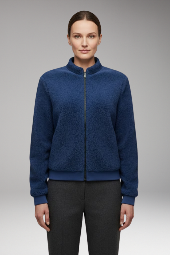 Women's Fleece Bomber Jacket with Stand-Up Collar and Elastic Cuffs