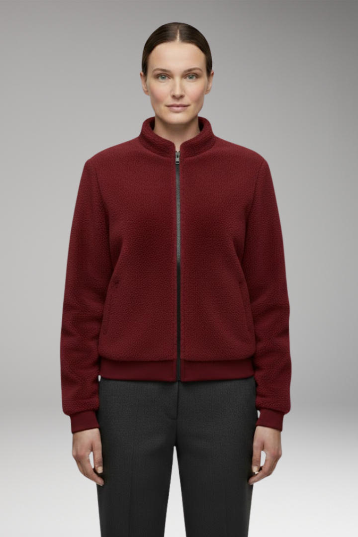 Women's Fleece Bomber Jacket with Stand-Up Collar and Elastic Cuffs