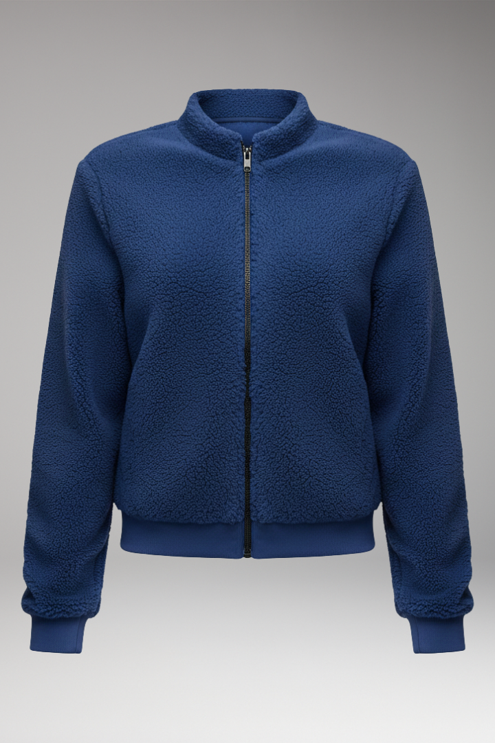 Women's Fleece Bomber Jacket with Stand-Up Collar and Elastic Cuffs