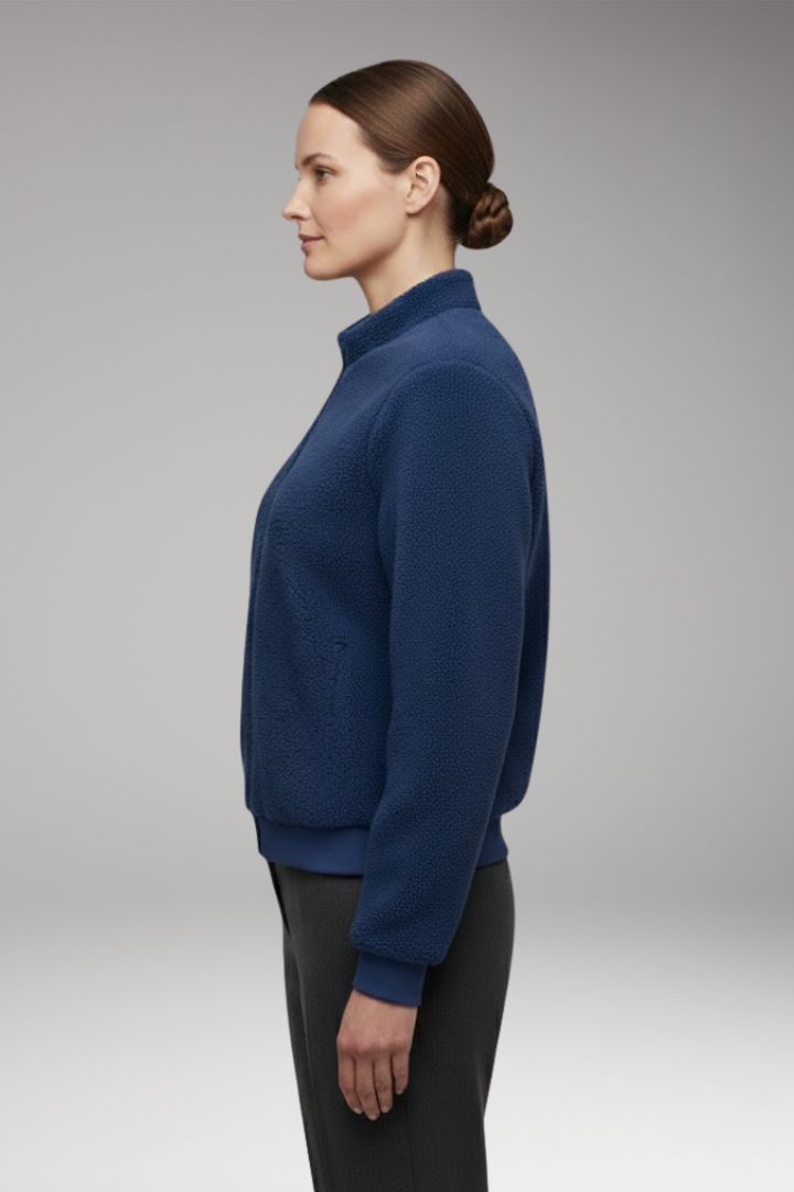 Women's Fleece Bomber Jacket with Stand-Up Collar and Elastic Cuffs