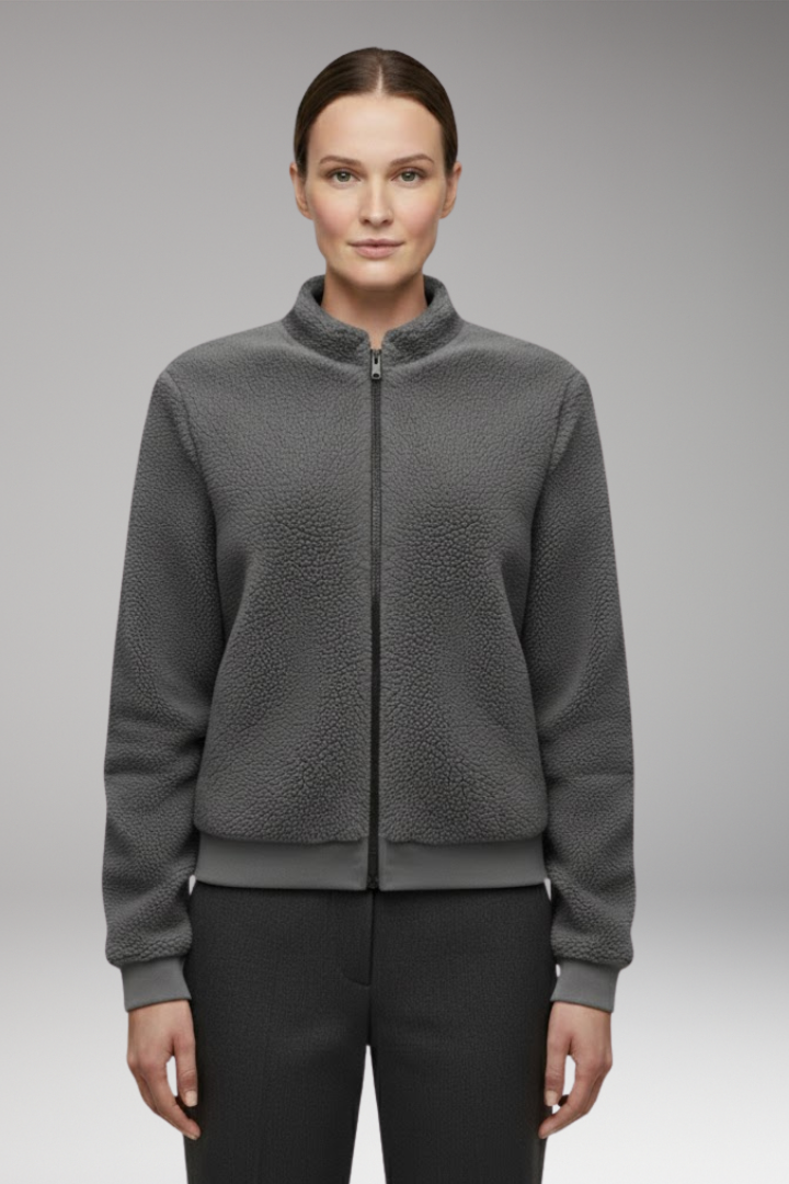 Women's Fleece Bomber Jacket with Stand-Up Collar and Elastic Cuffs