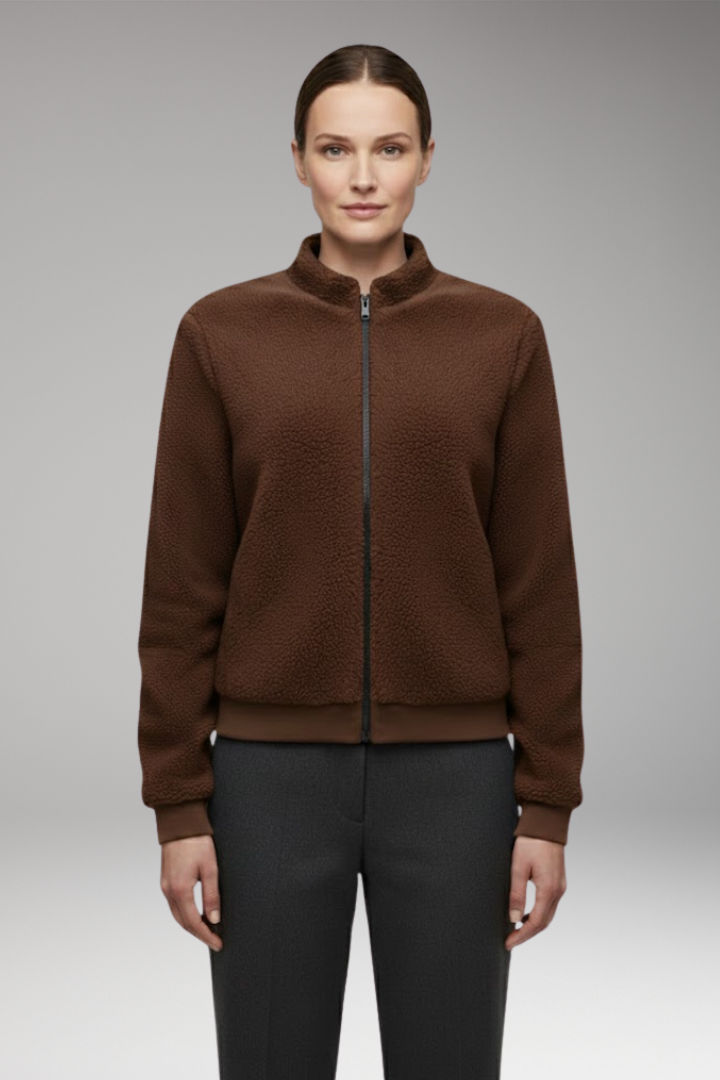Women's Fleece Bomber Jacket with Stand-Up Collar and Elastic Cuffs
